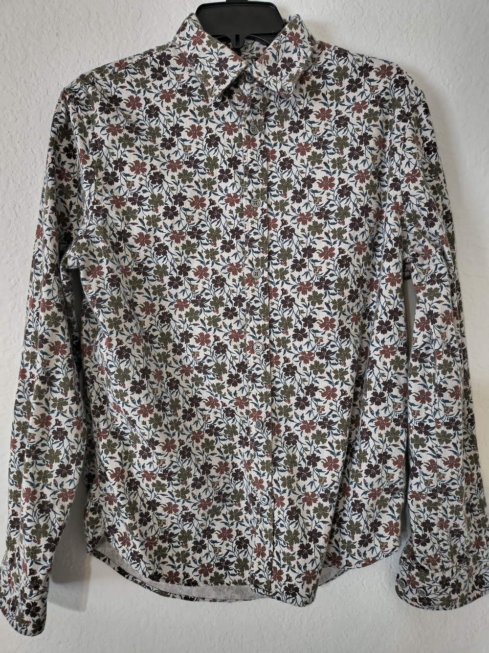 Express Men's Floral Button-Down Shirt - White, Olive & Rust